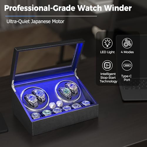 ANWBROAD Watch Winder for Automatic Watches 4 Watch Rotator and 6 Extra Storages with Super Quiet Motor and LED Backlight Turner Carbon Fiber Shaker 5 Rotating Modes UJWW002F