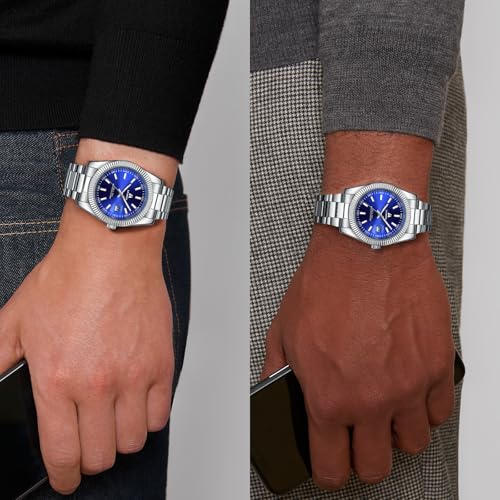 LN LENQIN Mens Watches Stainless Steel Analog Watch Quartz Watches for Men Waterproof Men's Wrist Watch Fashion Business Automatic Watch with Date (Silver Blue)