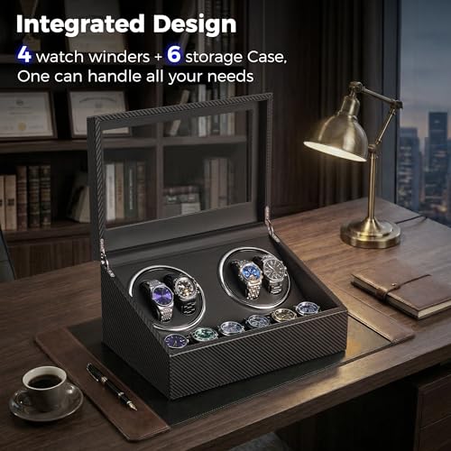 BEWISHOME Watch Winders for Automatic Watches, 4 Watch Winder and 6 Storage Case with Quiet Japanese Motor, Automatic Watch Winder Box Watch Rotator with Type-C Adapter, Carbon Fiber SYQ31C