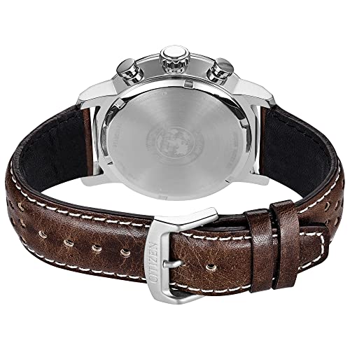Citizen Men's Eco-Drive Weekender Brycen Chronograph Watch in Stainless Steel, Brown Leather Strap, Ivory Dial (Model: CA0649-06X)