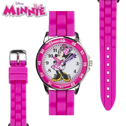 Disney Minnie Mouse Kids' Time Teacher Watch – Pink Rubber Strap, Easy-Read Analog Dial with Minnie Artwork, Enamel Bezel, Educational Watch for Girls – Fits Wrists 5.5" to 8"