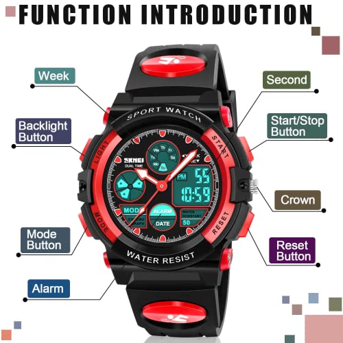 ATIMO Kids Sport Watch, 50M Water Resistant, Dual Time, Alarm, Stopwatch, LED Light, Calendar, Shock Resistant, Polyurethane Band