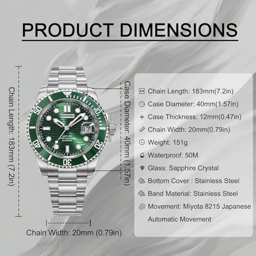 STARKING Automatic Watches for Men, Miyota 8215 Japanese Automatic Movement, Sapphire Crystal, 5ATM Waterproof, Stainless Steel, Auto Date, Green