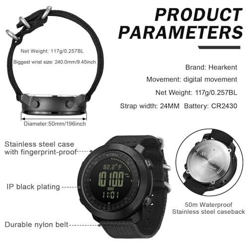 AVTREK Digital Hiking Sport Watches for Men - Tactical Training Military Compass Solid Outdoor Multifunction Waterproof Altimeter Watch (Black)
