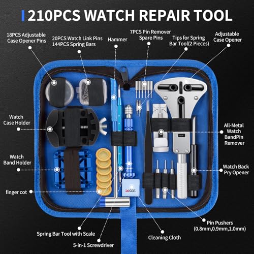 XOOL 210 PCS Watch Repair Kits, Including Watch Battery Change Kit, Watch Case Opener, Link Remover, Spring Bar Tools, Screwdrivers, and Portable Carrying Case with Instruction Manual
