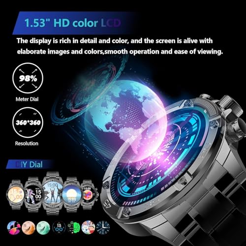 OHUGNA Men's Smart Watch Round HD 1.53" Gold Blue Smart Watches for Men, Multiple Sports Modes, Bluetooth Voice Call. Available for iOS and Android (All Black Steel Strap)