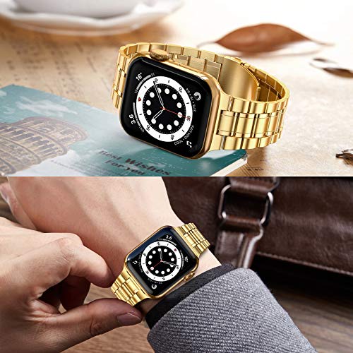 MioHHR Solid Stainless Steel Band Compatible with Apple Watch 38mm(Series 3/2/1) 40mm(Series SE/6/5/4) 41mm(Series 9/8/7) Metal Strap with Soft TPU Case for iWatch Bands for Women and Men, Gold