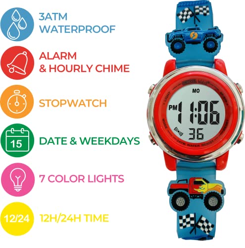 Preschool Collection Monster Truck 3D Digital Light Up Watch for Boys, Kids, Children, Kids - Waterproof - School Watch