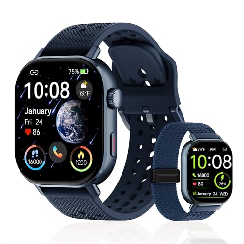 moutarlier 2026 Distance & Pace GPS Running Watch for Runners - Call & Text, AMOLED Large Screen, 50m Waterproof Swimming, Calorie & Step Counter, 2 Bands, Long Battery, for Seniors Men Women（Blue）