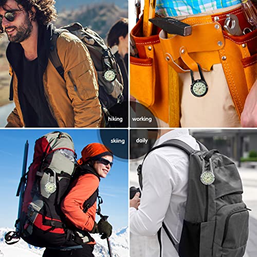 Hicarer 2 Pieces Clip on Quartz Watch Backpack Fob Belt Glow in The Dark Unisex Pocket Watch with White Dial for Doctors Nurses Outdoor Activities(Black, Silver)