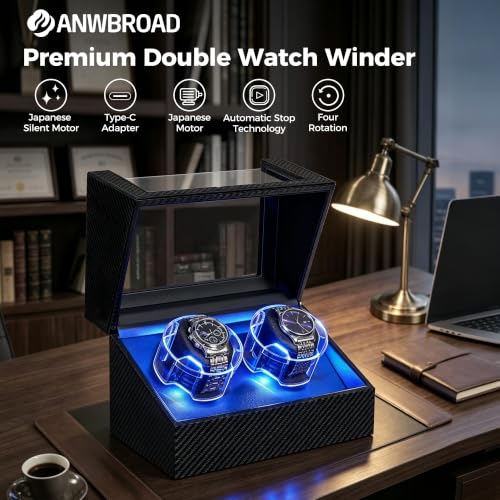 ANWBROAD Watch Winder for Automatic Watches, Double Automatic Watch Winder Box with Quiet Japanese Motor, 4 Modes Dual Watch Winder wIth LED Light, Type-C Adapter, UJWW016C