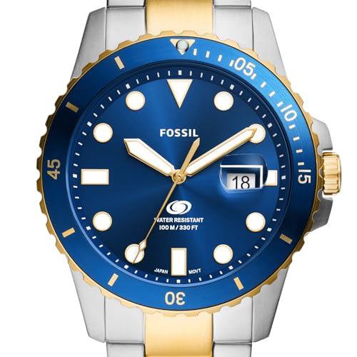 Fossil Men's 42mm Blue Quartz Stainless Steel, Gold/Silver/Blue Dive-Inspired Three-Hand Watch, FS6034