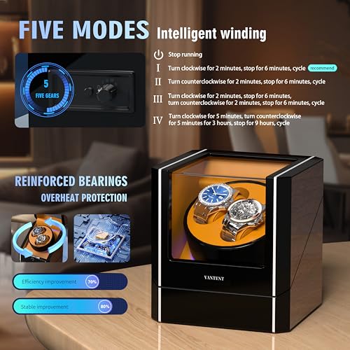 VANTENT Watch Winder for Automatic Watches with Exterior LED Lighting，Shining Finishing and Quiet Japanese Motor 2.0MAX Black (Brown)