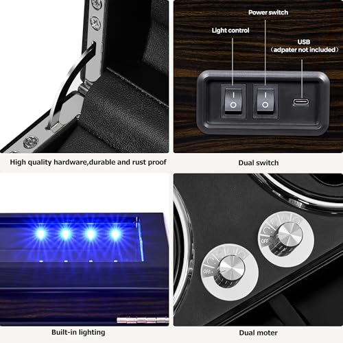 ANWBROAD Watch Winder for Automatic Watches 4 Watch Rotator and 6 Extra Storages with Super Quiet Motor LED Backlight Piano Paint Watch Shaker 4 Rotating Modes USB UJWW002E