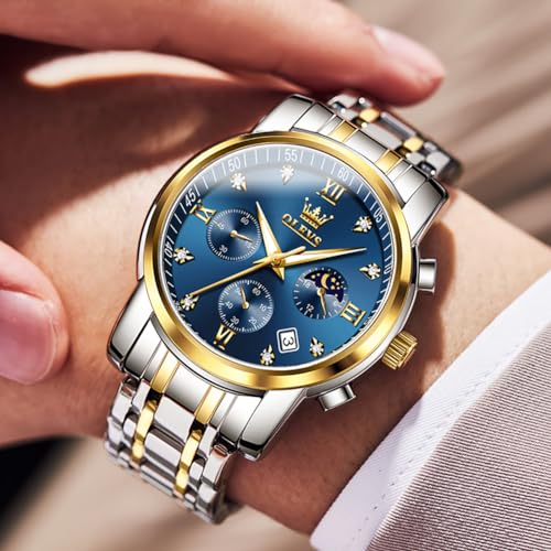 OLEVS Watch for Men Diamond Business Dress Analog Quartz Stainless Steel Waterproof Luminous Date Two Tone Luxury Casual Wrist Watch Blue