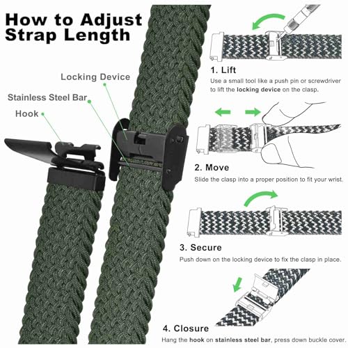 WOCCI 20mm Braided Nylon Watch Band for Men and Women, Quick Release, Black Stainless Steel Buckle (Khaki Green)