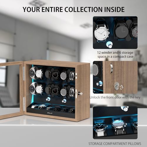 XTELARY Watch Winder for 12 Automatic Watches, Wood Color Lockable Automatic Winders with Extra 6 Watch Storages, 4 Rotation Modes, Flexible Watch Pillows, Quiet Mabuchi Motor, and Blue Backlight