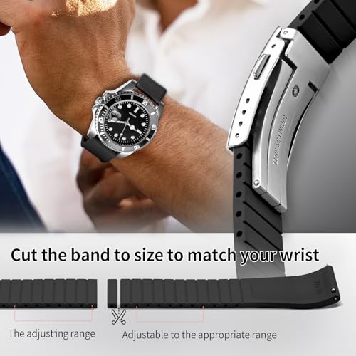 ULLCHRO FKM Rubber Watch Strap, Cut to Size Quick Release Fluororubber Watch Band Soft Replacement Watchband with Silver Milled Clasp for Men Women 18mm 19mm 20mm 21mm 22mm (20mm, Black