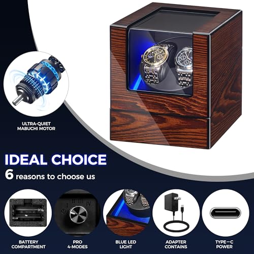 BEWISHOME Watch Winder for Automatic Watches, Automatic Watch Winder Box Watch Spinner with LED Light, Double Watch Winder with Quiet Motor Wooden 4 Modes Battery or Type-C Adapter, Brown SYQ02Y