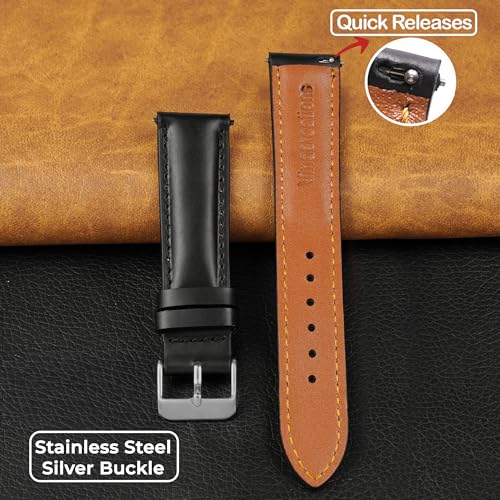 vinacreations 20mm Vintage Black Leather Watch Band Men Quick Release Replacement Strap Soft Handmade Wristband Stainless Steel Buckle, Christmas Fathers Day Gift for Dad Son Husband DH-201-20MM
