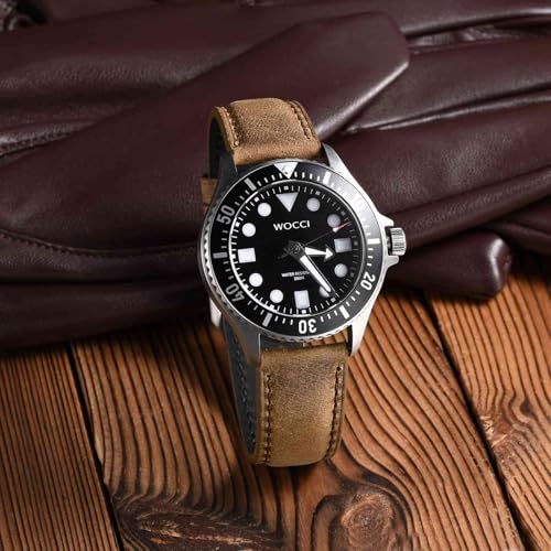 WOCCI 20mm Watch Band, Genuine Leather, Quick Release Replacement Strap, Golden Buckle (Brown)
