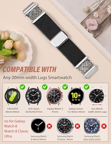 Braided Magnetic Band Compatible with Samsung Galaxy Watch 7 6 5 4 FE 40mm 44mm/6 Classic/5 Pro/4 Classic/3 41mm/Active 2 Women Men, 20mm Celtic Stretchy Elastic Dressy Nylon Strap, No for 8/Ultra