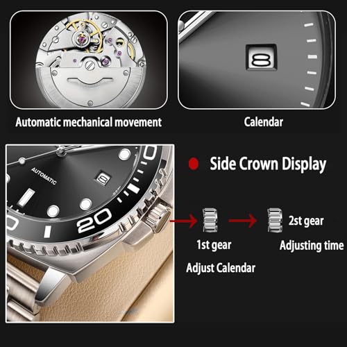 RUIGE new Men's Fully Automatic Mechanical Watch Stainless Steel Calendar Men's Rotating Bezel Fashion Trend Night Light Waterproof Watch A8-2 (Blue)