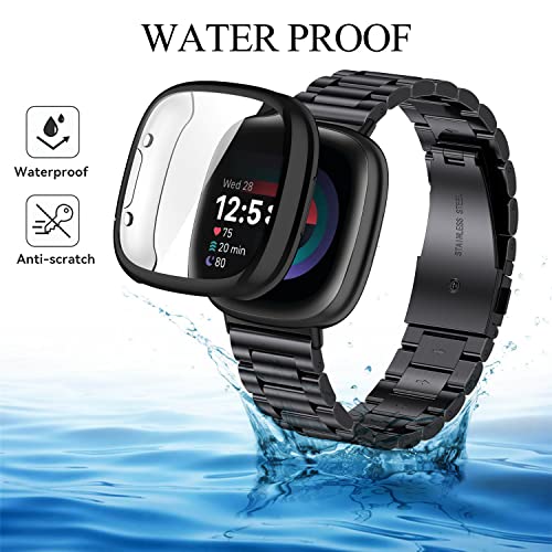 ZPJPPLX for Fitbit Versa 4 Metal Watch Band with Soft TPU Case,Compatible with Fitbit Sense 2 Stainless Steel Strap and Screen Protection Case for Men Women,Black