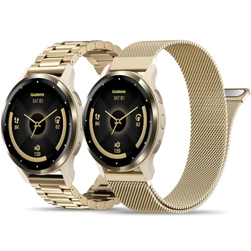 Compatible with Garmin Venu 3S Watch Band/Venu 4 41mm/Venu 2S, 18mm Stainless Steel 2 Pack Metal and Mesh Bracelet Strap Wristband for Forerunner 255S/265S/Vivoactive 4S/Move 3S Women Men Accessory