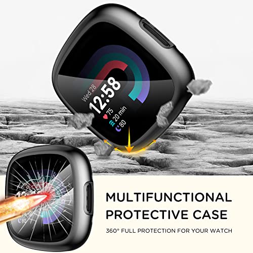 Suoman [4-Pack] for Fitbit Sense 2 /Versa 4 Screen Protector Case, Full Around Electroplate Soft TPU Bumper Around Protective Case Cover for Fitbit Sense 2/Versa 4 Smartwatch(Black+Black+Black+Black)