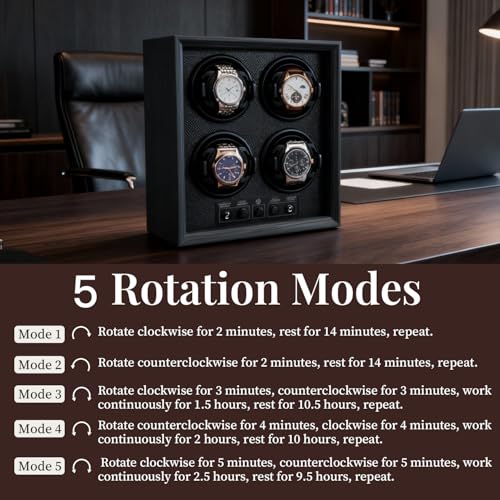 Mcbazel Watch Winder for 4 Automatic Watches, 5 Rotation Modes Watch Box Case with Super Quiet Motor, Ideal Gift for Men, Beloved, Women, Father - Ebony Pattern