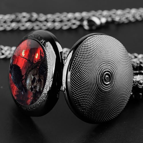 YIHAOYH Vintage Pocket Watch for Women Men Graphic Design Quartz Pocket Watches with Chain Pendant Christmas Birthday Gift with Box (Skull Crow 02)