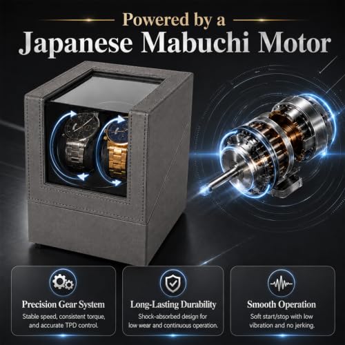 Lieinw Automatic Watch Winder for Rolex and Auto Watches, Leather Double Winding Watch Box with Blue LED & Japanese Quiet Motor, 2 Slots Rotating Watch Case Used for Storage, Display & Gifts, Gray
