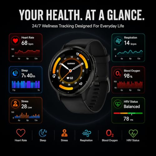 Garmin Venu 3 GPS Smartwatch, 45mm Black, Fitness Tracker with 14-Day Battery & Sleep Coach - Includes Premium Charging Stand, Extra Power Cable & Port Protector Plugs (Renewed)