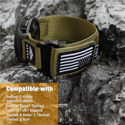 Abanen Rugged Tactical Nylon Watch Band for Garmin Instinct 3 E 45mm/ Instinct 2 Solar, Sport Strap with Stars-Stripes Flag for Instinct E 45mm/ Tactical/Tide/Esports (Green)