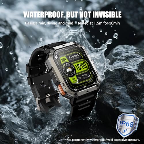 Military Tactical Smart Watches for Men, 100-Day Battery Rugged Fitness Watch with Compass & Flashlight, Sports Watch for Android with 2.01" HD Display AI Voice, IP68 Waterproof Smartwatch (Black)