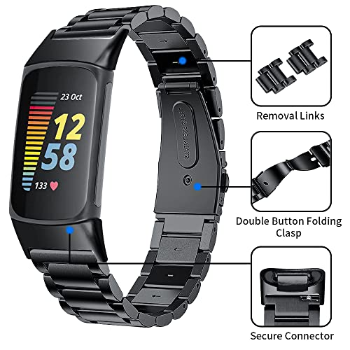 TenCloud Bands Compatible with Fitbit Charge 6/Charge 5 Activity Tracker Solid Stainless Steel Women Men Wristband Metal Watch Link Band for Charge 6 (Black)
