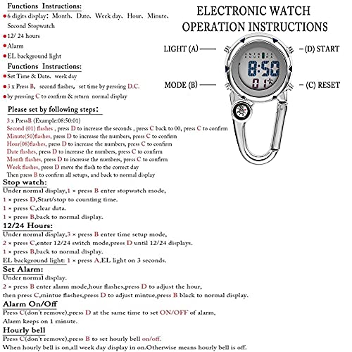 ZOVEDAIUG Digital Pocket Clip Watch for Men Carabiner Watch Backpack Fob Belt Waterproof Clip Watch with Alarm Clock Date Week for Outdoor Sports (White)