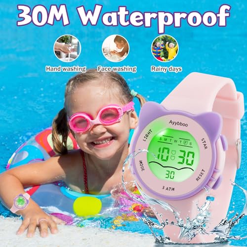 Ayybboo Digital Watches for Girls Boys, 7 Color Lights Water Proof Watches with Alarm Stopwatch,Cute Cat Watch, Presents for Girls Boys Ages 5-13