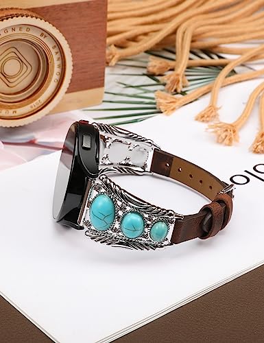 Minyee Leather Band Compatible with Samsung Galaxy Watch 7/6/5/4/FE/Active 2 40mm 44mm/Watch 6 Classic 43mm 47mm/Watch 5 Pro 45mm Band Women, Western Turquoise Boho Vintage Jewelry 20mm Watch Strap
