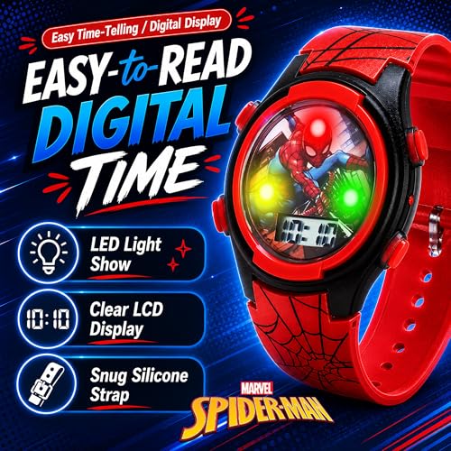 Accutime Marvel Spider-Man Digital Watch for Kids – Durable Plastic Timepiece, LCD Display, Quartz Accuracy, Iconic Spiderman Imagery