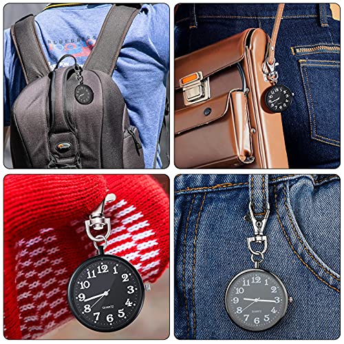 Junkin 2 Pieces Quartz Pocket Watch with Key Buckle Round Keychain Clip on Watch Portable Unisex(Black)