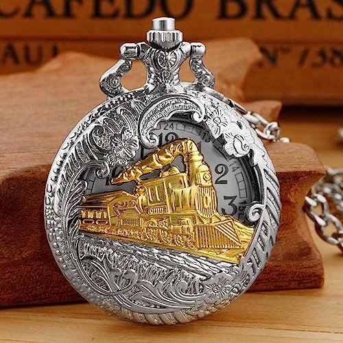 Realpoo Hollow Quartz Right Locomotive Sliver Gold Quartz Pocket Watch for Men,Arabic Numerals White Dial Pocket Watches with Chain for Men - Sliver Gold
