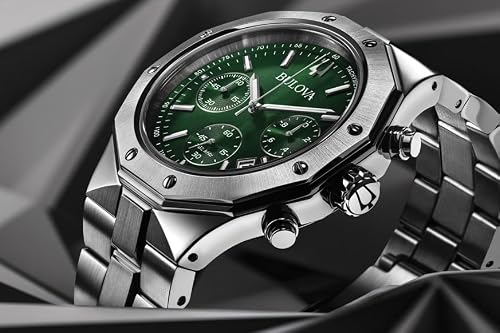 Bulova Men's Classic 6-Hand Chronograph High Performance Quartz Silver Stainless Steel Watch, Green Dial,Geometric Bezel 24 Hour Time, 44mm, Style:96B409