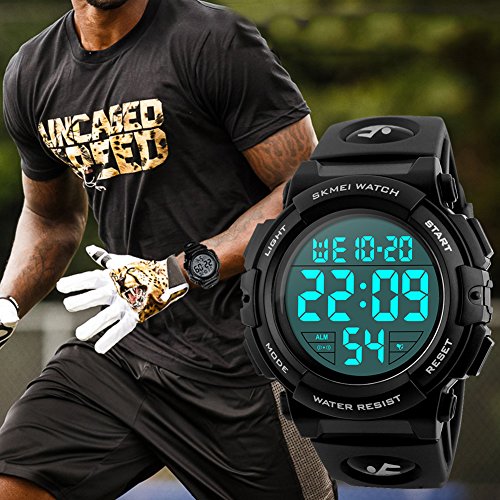 SKMEI Large Face Digital Watch Men’s Sports Waterproof LED Military Wristwatches Chronograph Alarm Clock (Black)