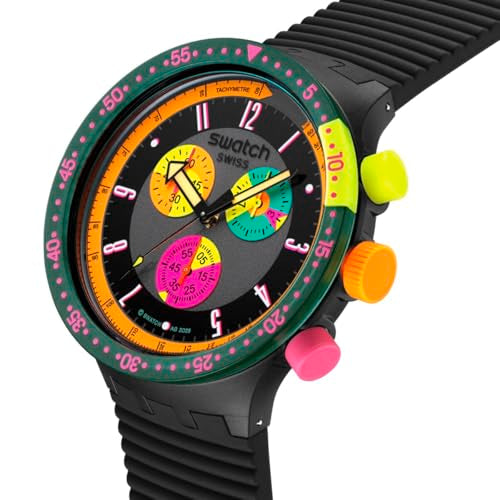 Swatch Big Bold Chrono Unisex Casual Watch Polymer Black Quartz Water Resistant Swatch NEON SEPPIA