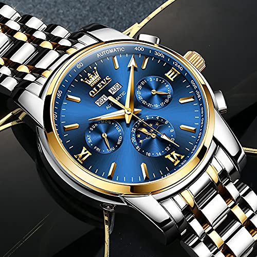 OLEVS Automatic Men Watch Self Winding Mechanical Luxury Dress Moon Phase Stainless Steel Waterproof Luminous Calendar Wrist Watch (Blue)