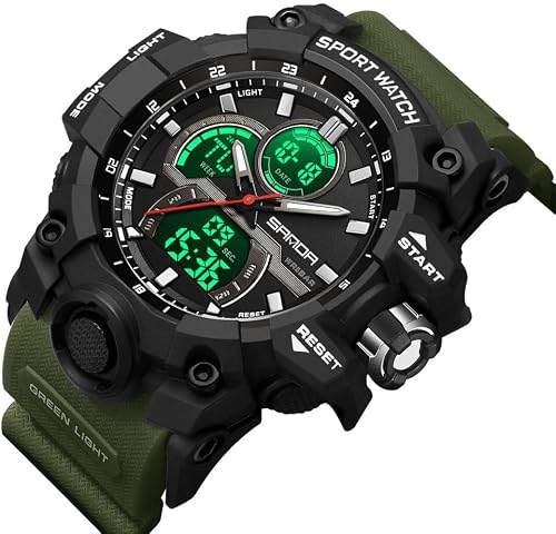 FANMIS Men's Solar Powered Casual Quartz Wrist Watch Analog Digital Multifunctional Black Sports Watch (X Army Green)
