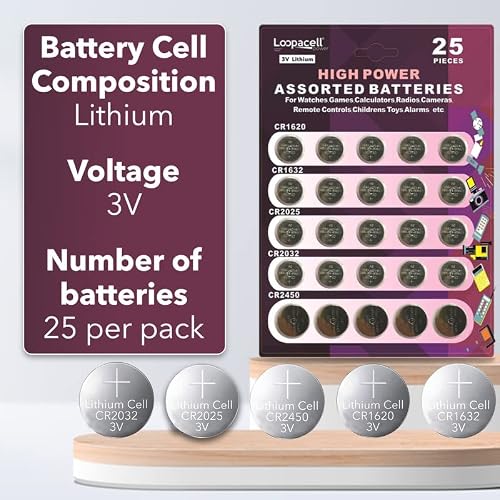 Loopacell High Power Button Cell 3V Lithium Assorted Battery CR2032 CR2025 CR2450 CR1620 CR1632, 25 Piece Set