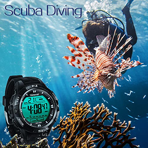 TEKMAGIC 10 ATM Digital Submersible Unisex adult Diving Watch 100m Water Resistant Swimming Sport Wristwatch Luminous LCD Screen with Stopwatch Alarm Function